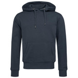 A dark green men's active sweat hoody featuring a front pocket and a large hood, with a logo present.