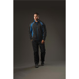Men's Warrior Training Jacket in black with blue accents, featuring a zip front and side pockets. Includes a logo.