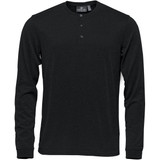 A black long-sleeve Henley shirt featuring a three-button placket and a subtle logo.