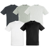 Five SOLS Regent Adult T-Shirts in black, white, grey, charcoal, and light grey, featuring a simple design with a logo.