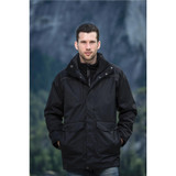 A black men's parka featuring a zip-up front, hood, and two front pockets, set against a natural backdrop.
