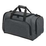 A grey duffle bag with dual handles and a shoulder strap, featuring multiple compartments and a logo.
