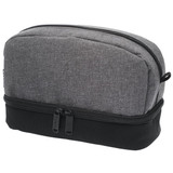 A grey and black toiletry bag featuring dual zippers and a sleek design, with a branding logo.