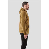A brown men's fleece pullover hoody featuring a front pocket and a hood, modelled from the side.