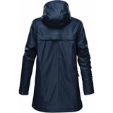 A navy women's insulated rain jacket with a hood, featuring a smooth, waterproof exterior and long sleeves.
