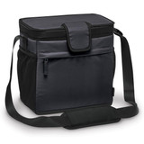 A cooler bag in black and dark grey, featuring a shoulder strap and a zippered front pocket. It has a logo.