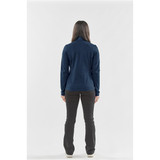 A women's jacket in dark blue, featuring a high collar and worn with black trousers, displaying a simple design.