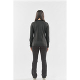 A black long-sleeve crew neck shirt worn by a woman, viewed from the back. The image features a logo on the shirt.