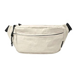 A large, cream-coloured bum bag with a front zip pocket and adjustable straps. Features a logo on the side.
