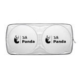 A white circular car sun shade featuring panda graphics and a brand logo, designed to block sunlight.