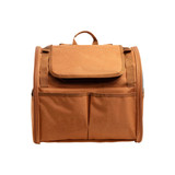 A pet backpack carrier in a warm brown colour featuring an expandable design and multiple front pockets.