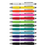 A collection of stylus pens in various colours, including white, yellow, orange, pink, green, blue, and black, with silver accents.
