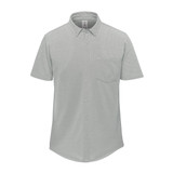 A light grey men's short sleeve knit shirt featuring a button-up collar and a front pocket. It has a logo on it.