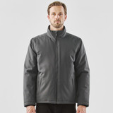 A men's thermal jacket in grey, featuring a zip closure and a stand-up collar. The jacket has a logo on it.