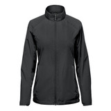 A women's full zip jacket in black with a collar and a branding logo.