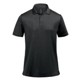 A black men's polo shirt with a collar and short sleeves, featuring a logo.