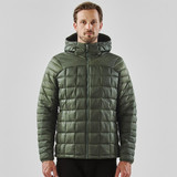 A green puffer jacket with a hood, featuring a quilted design and a front zip. Includes a logo.