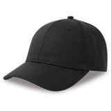 A black cap made from recycled and organic cotton, featuring a vented top and a curved brim.