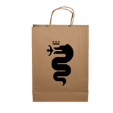 A brown paper bag with a black logo featuring a serpent design and handles for easy carrying.