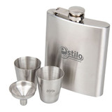 A stainless steel hip flask set featuring a flask, two shot cups, and a funnel, all in a polished finish.
