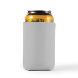 A drink bottle is encased in a light gray stubby cooler, designed to keep beverages cold.