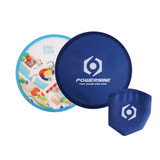 A 25cm foldable frisbee in blue and a matching pouch, featuring a vibrant design on one side and a logo.