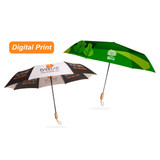 A regular triple folding RPET umbrella featuring a green and white design with a logo and wood-style handle.