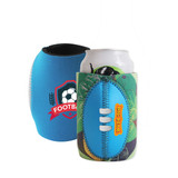 A drink bottle holder in blue and green, designed as a football with a logo on the front.