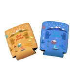 A reversible, foldable stubby holder featuring orange and blue designs with various icons and a logo.