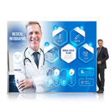 A backlit LED light box display featuring a medical theme with blue tones, infographics, and a doctor image.