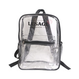 A transparent backpack with black accents and a front zip pocket, featuring adjustable straps and a branding logo.