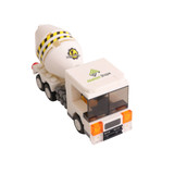 A white cement truck building block toy with yellow and black stripes, featuring a logo on the side.