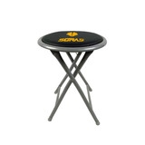 A folding stool with a black padded seat and a grey metallic frame, featuring a logo on the seat.