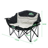 A double foldable portable camping chair in black and grey, featuring a logo and labelled dimensions for reference.