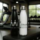 A drink bottle set featuring a black and a white stainless steel water bottle, each with a logo.