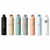 A drink bottle collection featuring various colours: black, soft pink, mint green, light blue, and peach, with logos.