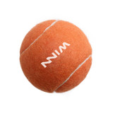 An orange pet tennis ball with white stripes and a logo, featuring a fuzzy texture.