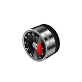 A compact, round timer in silver and black with a red section, featuring a logo on the front.