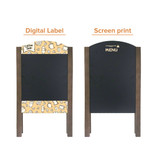 A-frame chalkboards featuring a black writing surface and decorative borders in brown wood. One side has digital design, the other screen print.