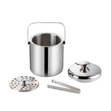 A stainless steel ice bucket with a lid, perforated insert, and tongs, featuring a sleek design.