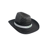 A black sequin cowboy hat with a white band featuring a logo.