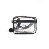A clear fanny pack with black trim and an adjustable strap, featuring a logo on the front.