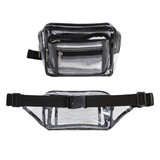 A multi-layer transparent waist bag in clear material with black accents and multiple zippered pockets.