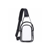 A clear PVC crossbody backpack with black accents and a single adjustable strap. Features a main compartment and smaller front pocket.