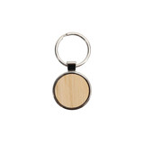 A round wooden keyring with a silver metal rim and keychain attachment, featuring a natural wood finish.