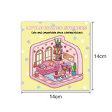 A 14x14cm custom colouring book featuring a cosy illustrated corner scene with a sofa, plants, and decorative elements.