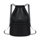 A black drawstring backpack with grey straps and a front pocket, featuring a simple design and a logo.