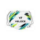 A ball-shaped drawstring backpack in white with vibrant blue, green, and black designs, featuring a logo.