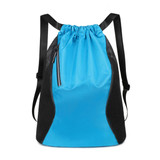 A sports drawstring backpack in bright blue with black mesh accents and adjustable straps.