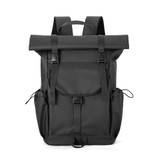 A black polyurethane roll top backpack with adjustable straps and side pockets. It features a sleek, modern design.